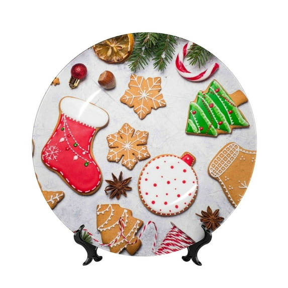 Wukai Christmas Gingerbread Cookies Print Decorative Plate for Display,Bone China Decorative Plate, Ceramic Dinner Plate with Stand, Vertical Ceramic Plate-8in