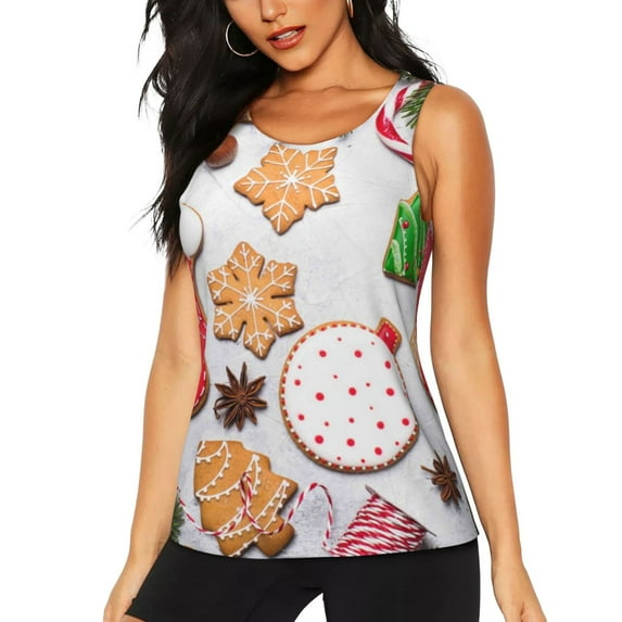 Wukai Christmas Gingerbread Cookies Print Women's Workout Tank Top Mesh Yoga Shirts Athletic Running Tank Tops Athletic Gym Shirts - XX-Large