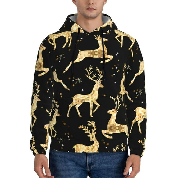Wukai Christmas Gold Deers Print Men Hoodies Fleece Sweatshirts Long Sleeve Sweaters Pullover Fall Outfits Winter Clothes-4X-Large