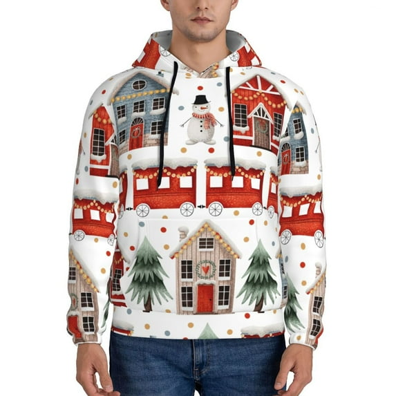 Wukai Christmas Houses Print Men Hoodies Fleece Sweatshirts Long Sleeve Sweaters Pullover Fall Outfits Winter Clothes-3X-Large