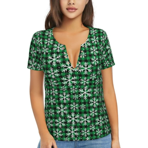 Wukai Christmas Pattern At Buffalo Plaid Casual V-Neck Graphic Tees for Women: Lightweight and Breathable Summer Tops with Stylish Design-Medium