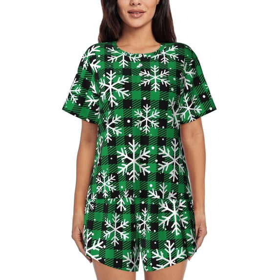 "Wukai Christmas Pattern At Buffalo Plaid Women's Pajama Set - Short-Sleeve Top and Shorts with Elastic Waistband and Pockets for Loungewear, Yoga, and Casual Wear-XX-Large