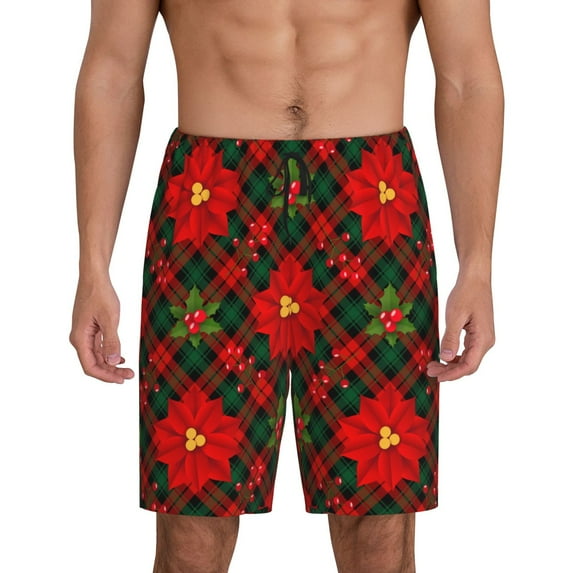 Wukai Christmas Plaid Flower Men’s Short Pajama Pants With Pockets Soft Sleep Pj Shorts for Men-Medium