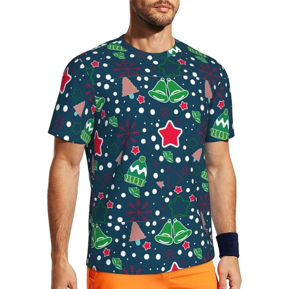 Wukai Christmas Print Men's Short-Sleeved Mesh T-Shirt,Quick-Dry Short Sleeve Workout T-Shirt-XX-Large
