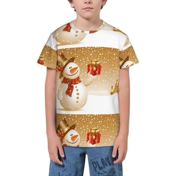 Wukai Christmas Snowman Gift Youth Unisex Short Sleeve T-Shirt for Boys, Girls, Teens, and Kids-Large
