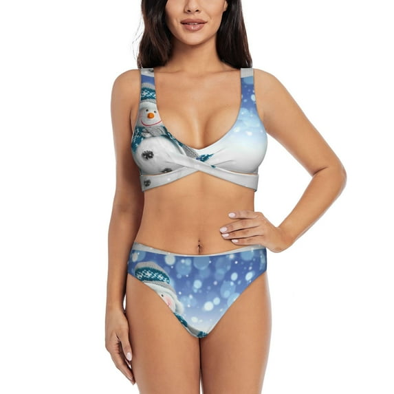 Wukai Christmas Snowman In The Snow Women's Bikini Set Two Piece,wimsuit High Waisted V Neck Twist Front Adjustable Spaghetti Straps Bathing Suit-Large