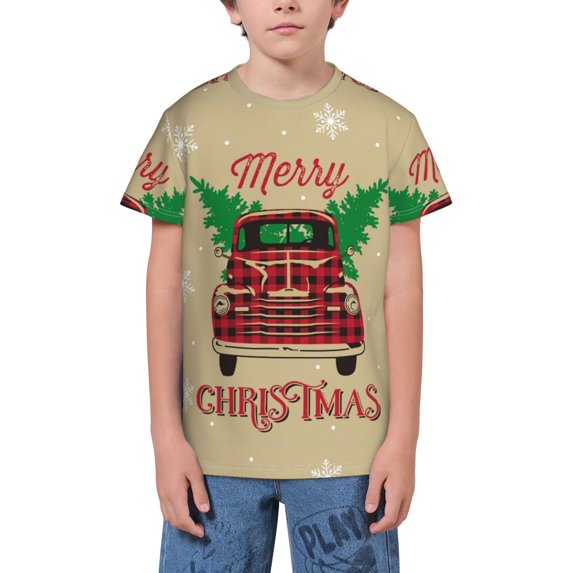 Wukai Christmas Vintage Red Truck Youth Unisex Short Sleeve T-Shirt for Boys, Girls, Teens, and Kids-X-Small