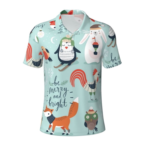 Wukai Christmas Winter Animals Men’s Polo Shirts,Quick-Dry Athletic Shirt,Classic Fit Shirts-X-Large