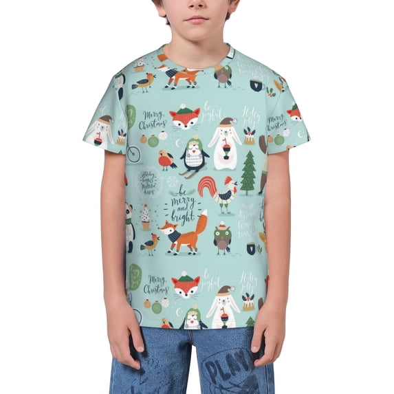 Wukai Christmas Winter Animals Youth Unisex Short Sleeve T-Shirt for Boys, Girls, Teens, and Kids-Large