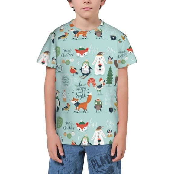Wukai Christmas Winter Animals Youth Unisex Short Sleeve T-Shirt for Boys, Girls, Teens, and Kids-X-Small