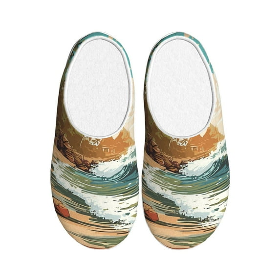 Wukai Coastal Palm Beach Print Women's Indoor Bedroom Slipper Slip On Shoes, Unisex House Shoes with Anti-Skid Sole for Men, Gift for Women Men-46/47