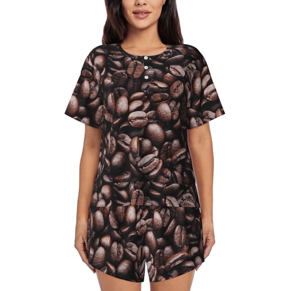 Wukai Coffee Bean Women's Pajama Set,Short-Sleeve Top and Shorts with Elastic Waistband and Pockets for Loungewear, Yoga, and Casual Wear-4X-Large