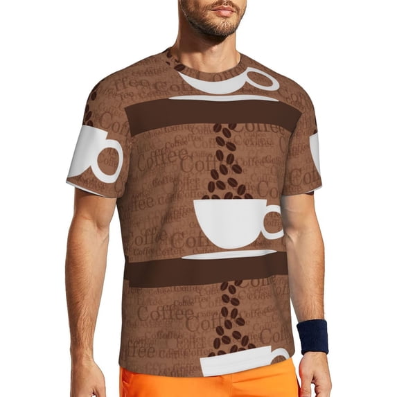 Wukai Coffee Cafe Cup Print Men's Short-Sleeved Mesh T-Shirt,Quick-Dry Short Sleeve Workout T-Shirt-Medium