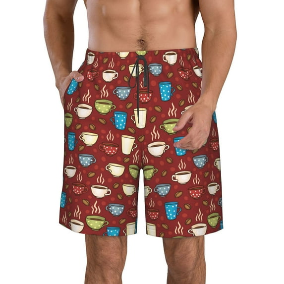 Wukai Coffee Cups Print Beach Trunks with Compression Liner Swimsuit Quick Dry Beach Sports Shorts with Pocket-X-Large