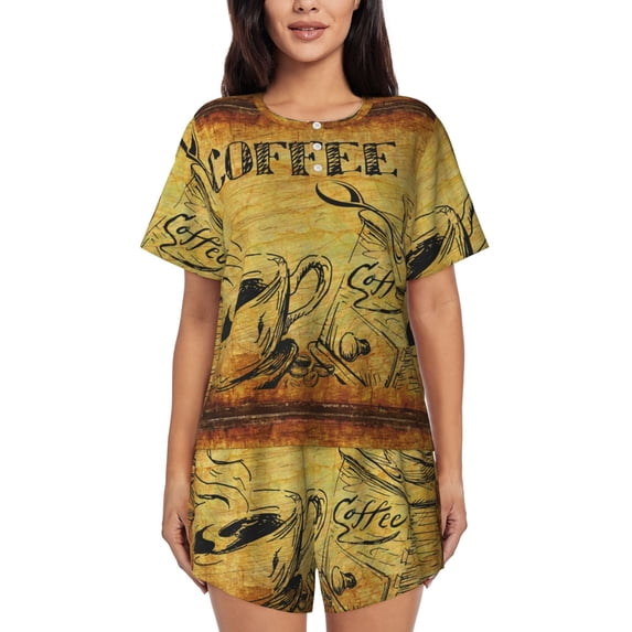 "Wukai Coffee Vintage Women's Pajama Set - Short-Sleeve Top and Shorts with Elastic Waistband and Pockets for Loungewear, Yoga, and Casual Wear-Large