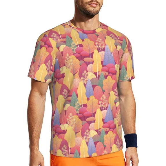 Wukai Colorful Autumn Forest Trees Print Men's Short-Sleeved Mesh T-Shirt,Quick-Dry Short Sleeve Workout T-Shirt-3X-Large