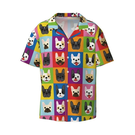 Wukai Colorful Bulldog Men's Casual Short-Sleeve Button Down Shirt - Lightweight Summer Dress Shirt for Daily Wear-XX-Large