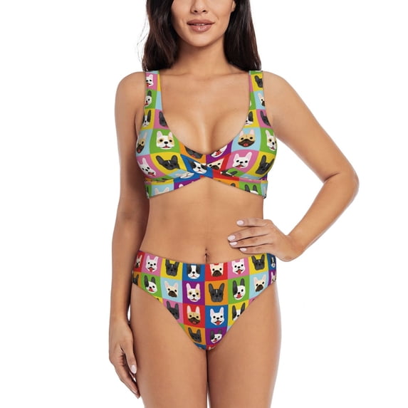 Wukai Colorful Bulldog Women's Bikini Set Two Piece,wimsuit High Waisted V Neck Twist Front Adjustable Spaghetti Straps Bathing Suit-Small