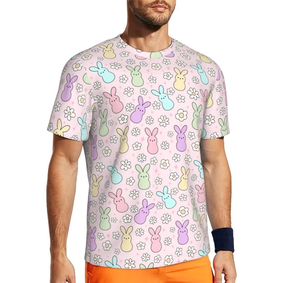 Wukai Colorful Bunny Print Men's Short-Sleeved Mesh T-Shirt,Quick-Dry Short Sleeve Workout T-Shirt-X-Small