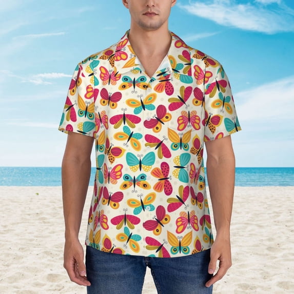 Wukai Colorful Butterflies Men's Hawaiian Shirt Short Sleeve Casual Button Down Summer Beach Aloha Shirt Tropical Print Holiday Party