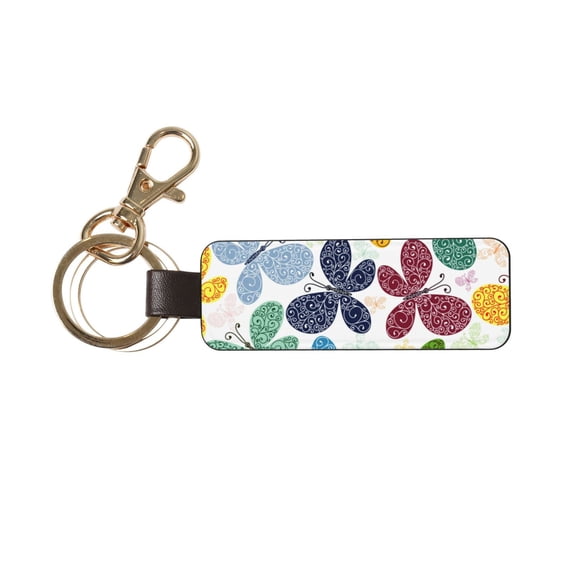 Wukai Colorful Butterflies Print Leather Car Keychain, Universal Key Fob Keychain, Leather Key Chain Holder for Men and Women,360 Degree Rotatable