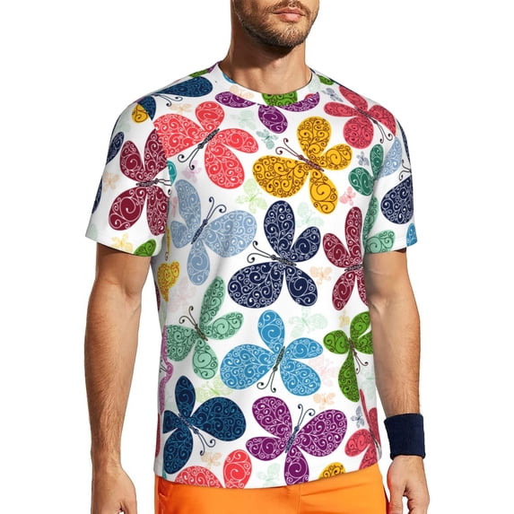 Wukai Colorful Butterflies Print Men's Short-Sleeved Mesh T-Shirt,Quick-Dry Short Sleeve Workout T-Shirt-5X-Large