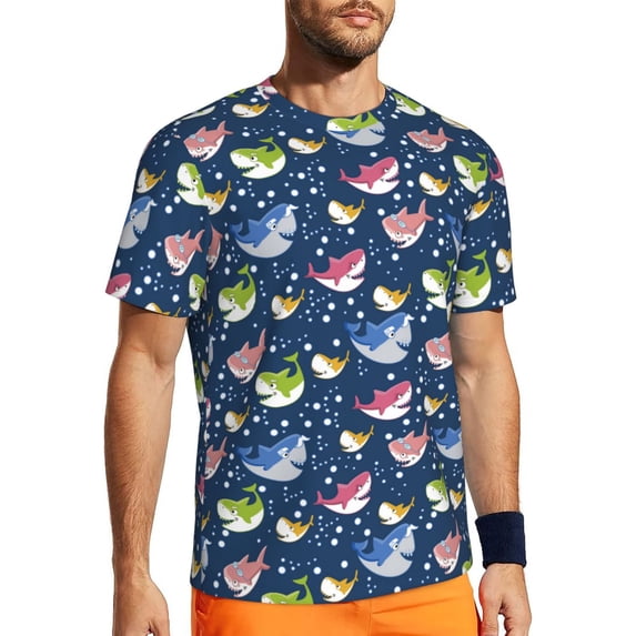 Wukai Colorful Cartoon Shark Print Men's Short-Sleeved Mesh T-Shirt,Quick-Dry Short Sleeve Workout T-Shirt-Large