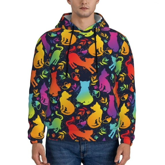 Wukai Colorful Cats Print Men Hoodies Fleece Sweatshirts Long Sleeve Sweaters Pullover Fall Outfits Winter Clothes-Large