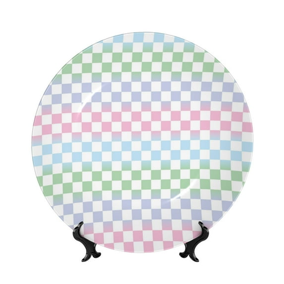 Wukai Colorful Checkerboard Print Decorative Plate for Display,Bone China Decorative Plate, Ceramic Dinner Plate with Stand, Vertical Ceramic Plate-7in