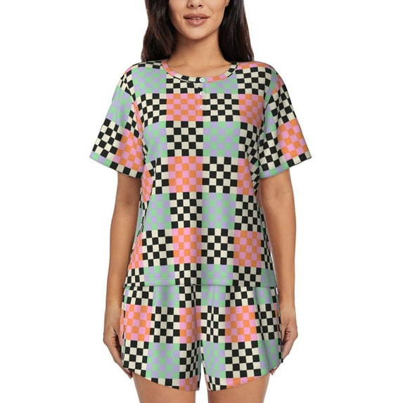 Wukai Colorful Checkered Print Women's Pajama Set - Short-Sleeve Top and Shorts with Elastic Waistband and Pockets for Loungewear, Yoga, and Casual Wear-Large