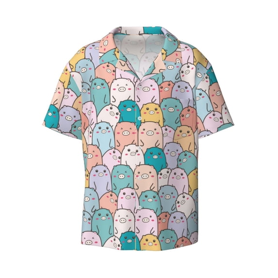 Wukai Colorful Cute Pig Men's Casual Short-Sleeve Button Down Shirt - Lightweight Summer Dress Shirt for Daily Wear-Medium