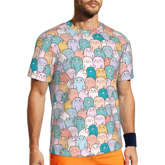 Wukai Colorful Cute Pig Print Men's Short-Sleeved Mesh T-Shirt,Quick-Dry Short Sleeve Workout T-Shirt-