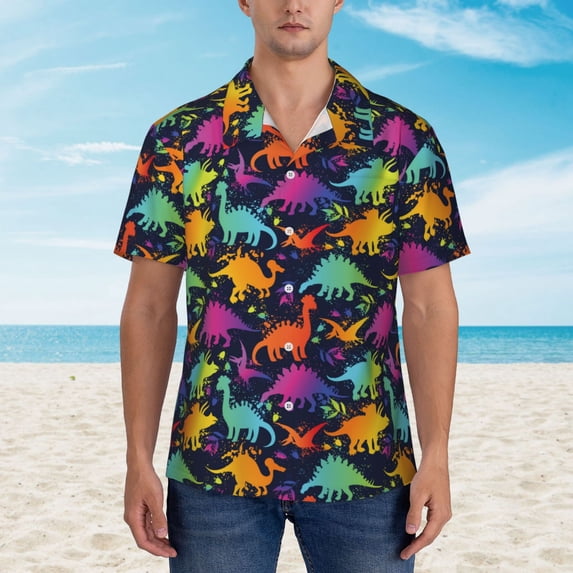 Wukai Colorful Dinosaur Men's Hawaiian Shirt Short Sleeve Casual Button Down Summer Beach Aloha Shirt Tropical Print Holiday Party