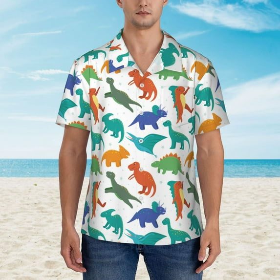 Wukai Colorful Dinosaur Men's Hawaiian Shirt Short Sleeve Casual Button Down Summer Beach Aloha Shirt Tropical Print Holiday Party