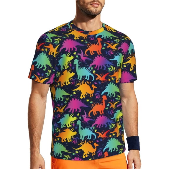 Wukai Colorful Dinosaur Print Men's Short-Sleeved Mesh T-Shirt,Quick-Dry Short Sleeve Workout T-Shirt-