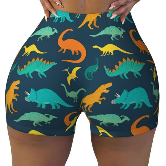 Wukai Colorful Dinosaur Print Pack Biker Shorts for Women Yoga Workout Gym Running Scrunch Active Shorts-Small