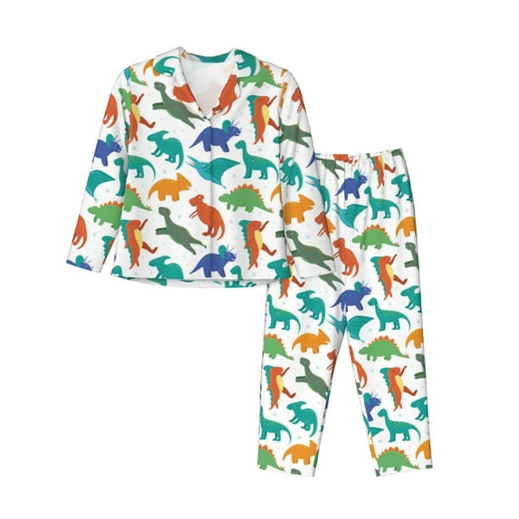 Wukai Colorful Dinosaur Print Women's Pajama Set - Soft Long Sleeve Sleepwear for Comfort and Style-Large