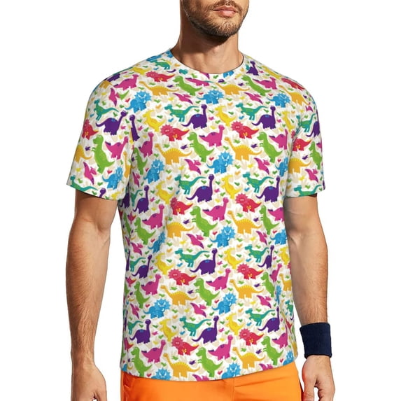 Wukai Colorful Dinosaurs Print Men's Short-Sleeved Mesh T-Shirt,Quick-Dry Short Sleeve Workout T-Shirt-