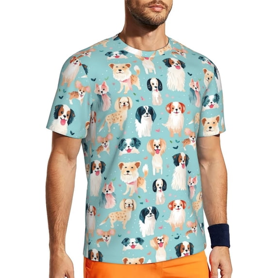 Wukai Colorful Dog Print Men's Short-Sleeved Mesh T-Shirt,Quick-Dry Short Sleeve Workout T-Shirt-Small