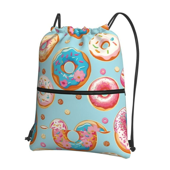 Wukai Colorful Donut Waterproof Drawstring Backpack with Zipper Pocket,Large Foldable Gym Bag for Women and Men, Perfect for Sports, Yoga, and Travel