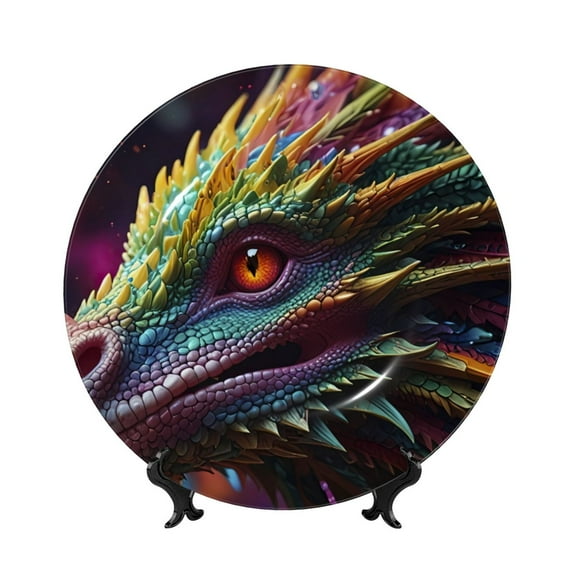 Wukai Colorful Dragon Head Profile Print Decorative Plate for Display,Bone China Decorative Plate, Ceramic Dinner Plate with Stand, Vertical Ceramic Plate-6in