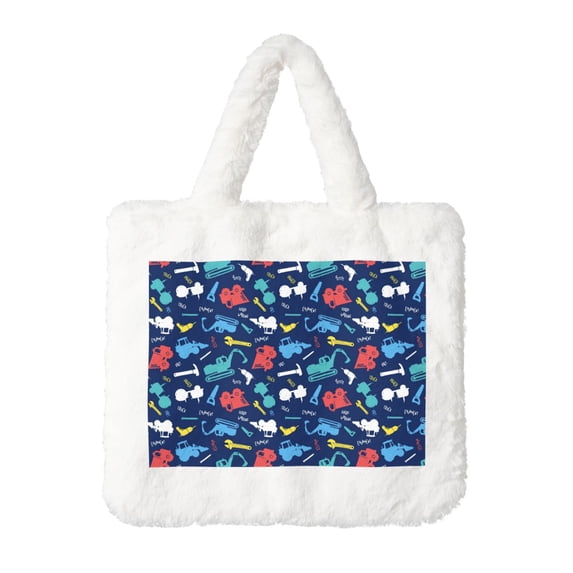 Wukai Colorful Excavator Print Plush Underarm Bag, Ladies Fluffy Shoulder Bag, Women Furry Flower Tote Bag Plush Handbag for Autumn and Winter