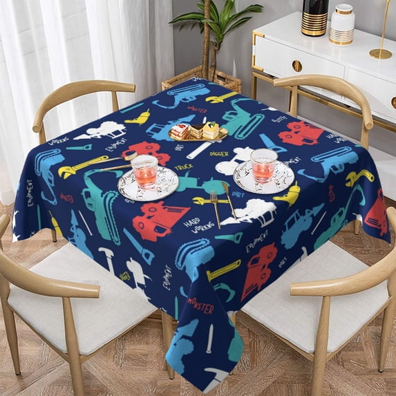 Wukai Colorful Excavator Waterproof Tablecloth for Kitchen Dining, Fits Square Tables for 2-4 Seats -60"x60"