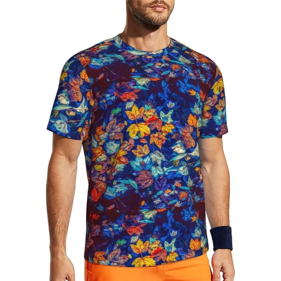 Wukai Colorful Fall Leaves Print Men's Short-Sleeved Mesh T-Shirt,Quick-Dry Short Sleeve Workout T-Shirt-Medium