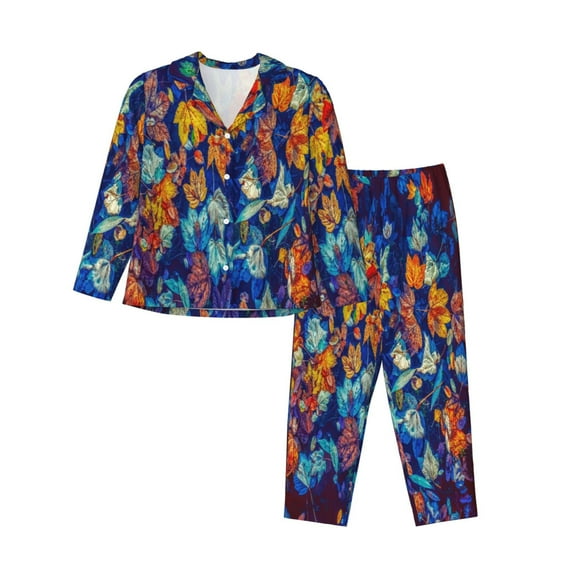Wukai Colorful Fall Leaves Print Women's Pajama Set - Soft Long Sleeve Sleepwear for Comfort and Style-X-Large