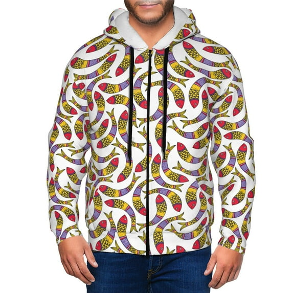 Wukai Colorful Fishes Print Men's Zip-Up Hoodie,Fleece Full-Zip Hoodie for Men, Hooded Sweatshirt-Small