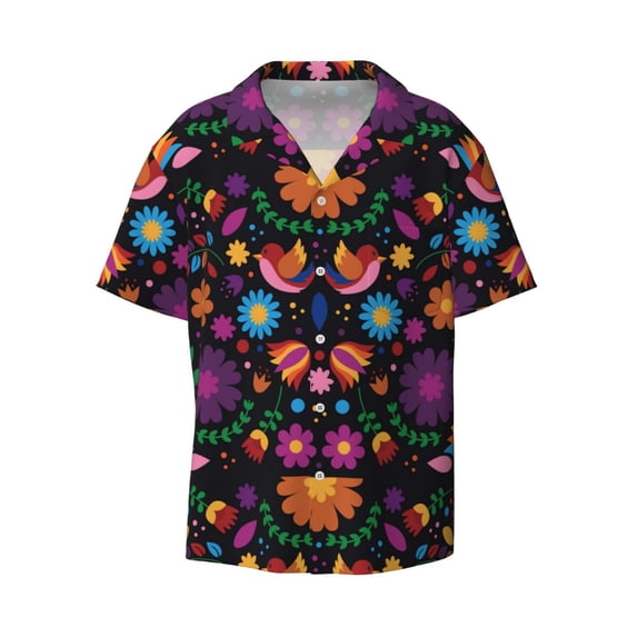 Wukai Colorful Floral2 Men's Casual Short-Sleeve Button Down Shirt - Lightweight Summer Dress Shirt for Daily Wear-Large
