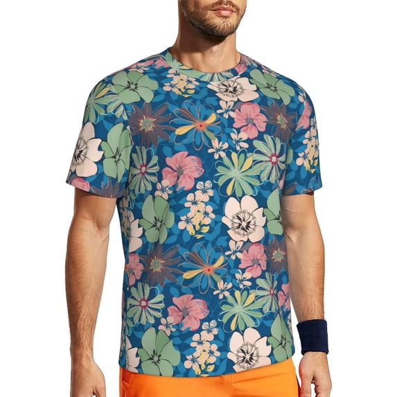 Wukai Colorful Flowers Print Men's Short-Sleeved Mesh T-Shirt,Quick-Dry Short Sleeve Workout T-Shirt-Small