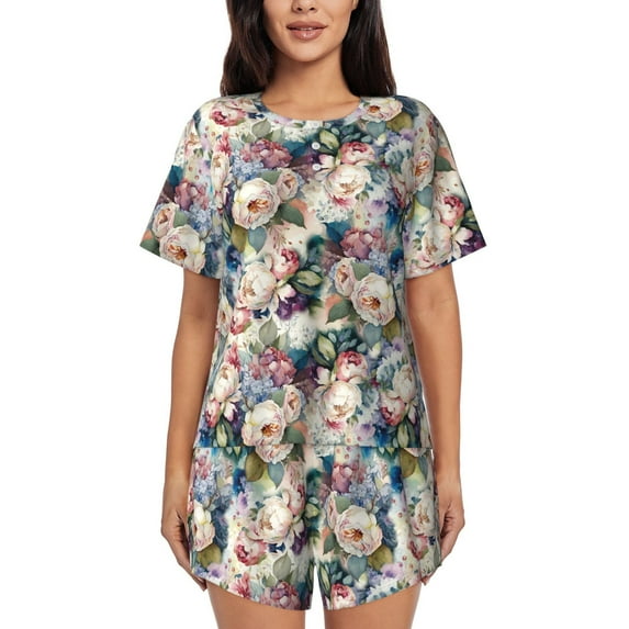 Wukai Colorful Flowers Women's Pajama Set,Short-Sleeve Top and Shorts with Elastic Waistband and Pockets for Loungewear, Yoga, and Casual Wear-Small
