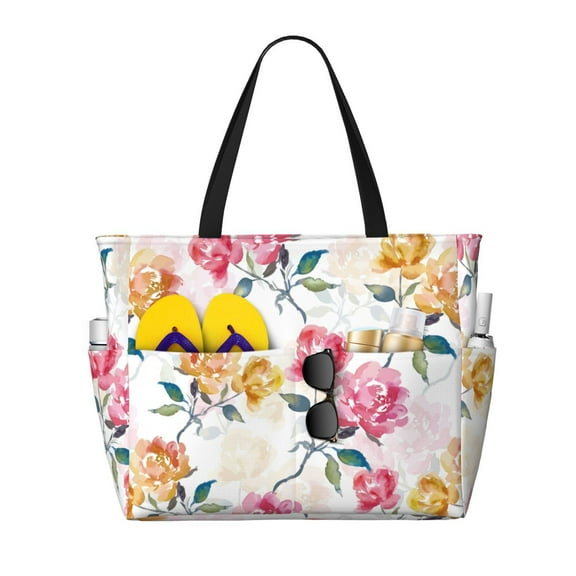 Wukai Colorful Flowers Print Zipper Bag,large Beach Tote Bag,Waterproof Sandproof Bag,Grocery and Picnic Tote Travel Bag